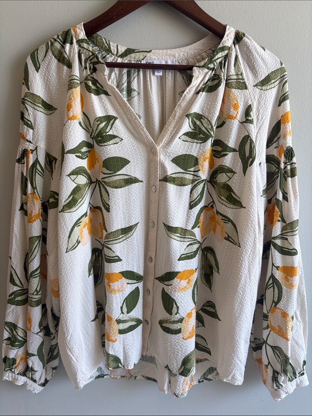 DR2 Cream Lemon Print Textured Button Front Blouse